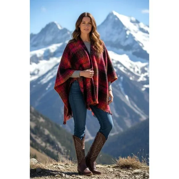 Chico's Plaid Blanket Shawl Fray Trim Fringe Ruana Wrap Poncho Knit Sweater OS